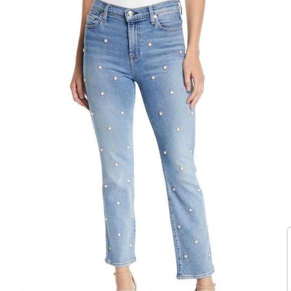 7 For All Mankind Edie Crop Stretch Straight-leg Jeans Pearl embellished /Sz 24 - Picture 2 of 16